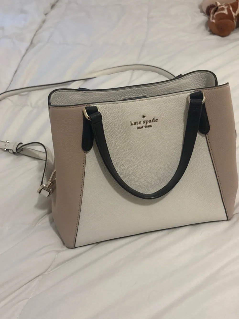 kate spade Cream & Blush Pebbled Leather Satchel with Black Handles